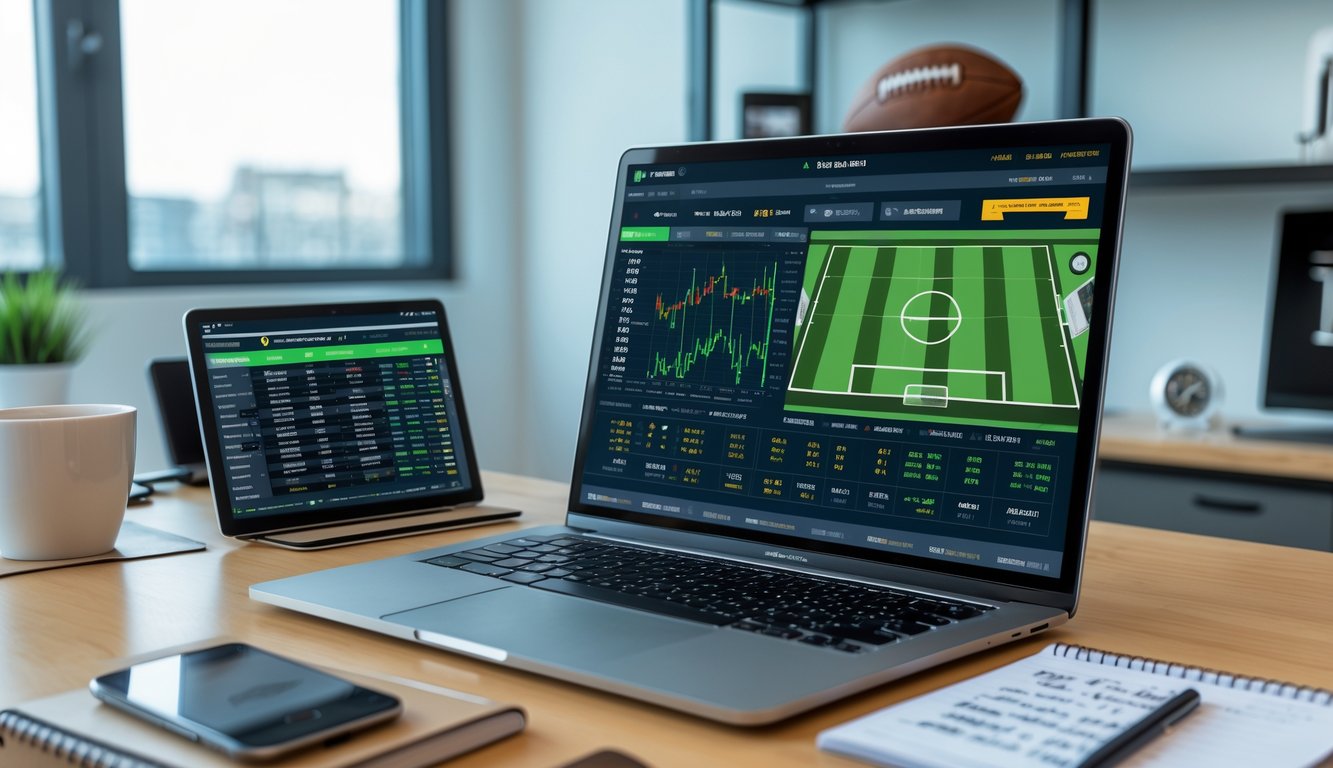 Seorang pria bekerja di meja dengan laptop yang menampilkan data pertandingan sepak bola, ponsel dengan peluang taruhan, dan catatan di lingkungan kantor yang terang.