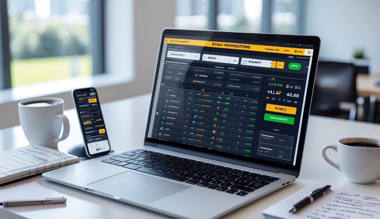 Seorang pria duduk di meja kerja dengan laptop dan ponsel menampilkan situs taruhan sepak bola online, dikelilingi oleh secangkir kopi dan buku catatan, di ruangan kantor yang terang.