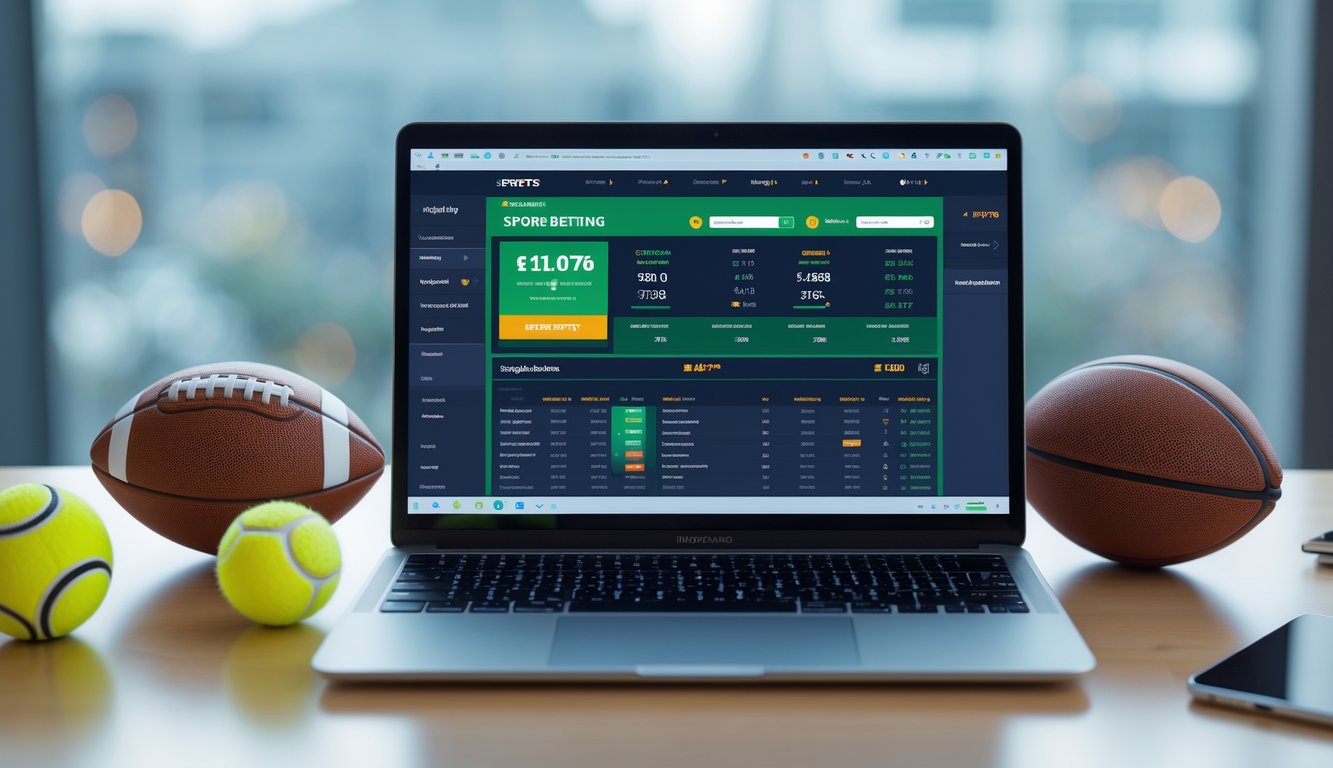 Sebuah laptop di meja kerja menampilkan antarmuka taruhan olahraga online dengan bola sepak, bola basket, dan bola tenis di sekitarnya.