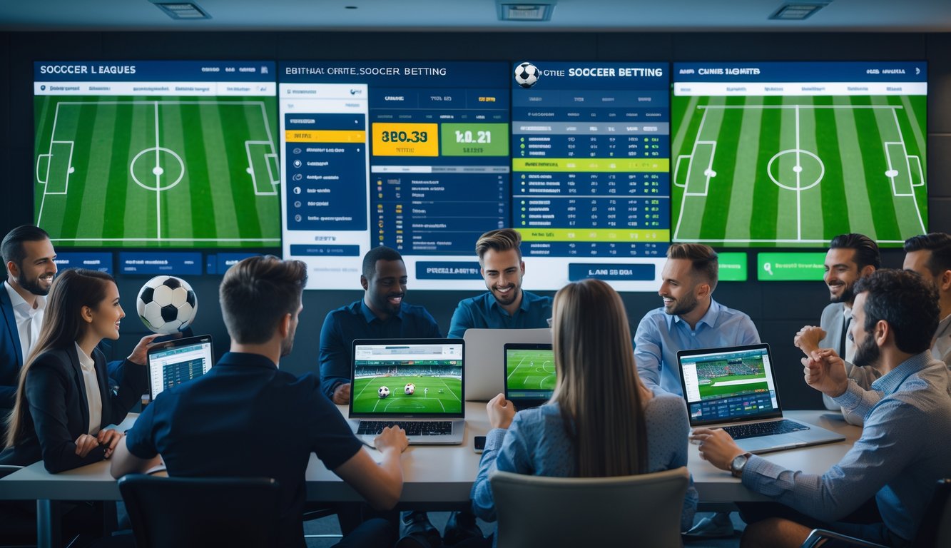 Orang-orang menggunakan perangkat digital untuk bertaruh pada pertandingan sepak bola yang sedang berlangsung di sebuah ruangan modern.