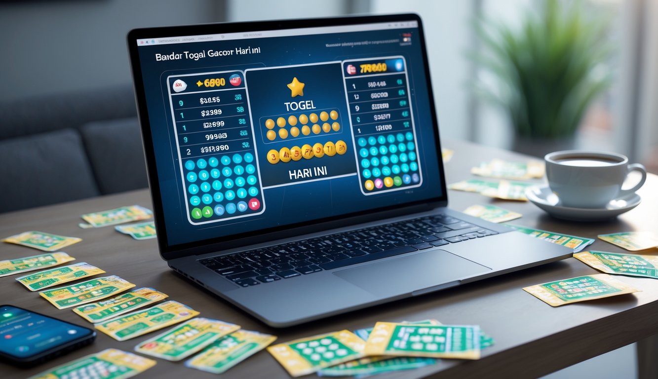 Meja kerja modern dengan laptop yang menampilkan antarmuka lotere digital, tiket lotere, dan ponsel dengan aplikasi taruhan terbuka.
