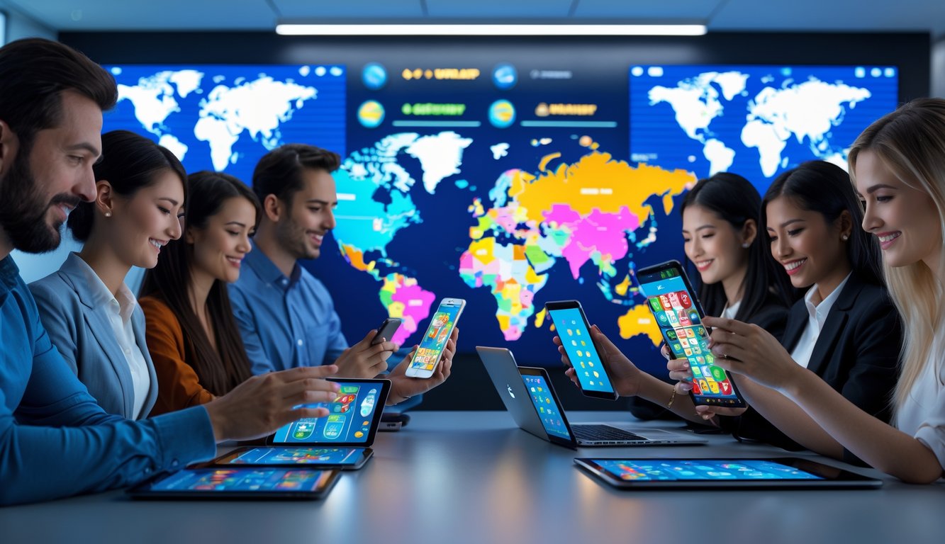 Orang-orang menggunakan perangkat digital untuk mengakses platform togel online dengan peta dunia dan antarmuka lotere di layar.