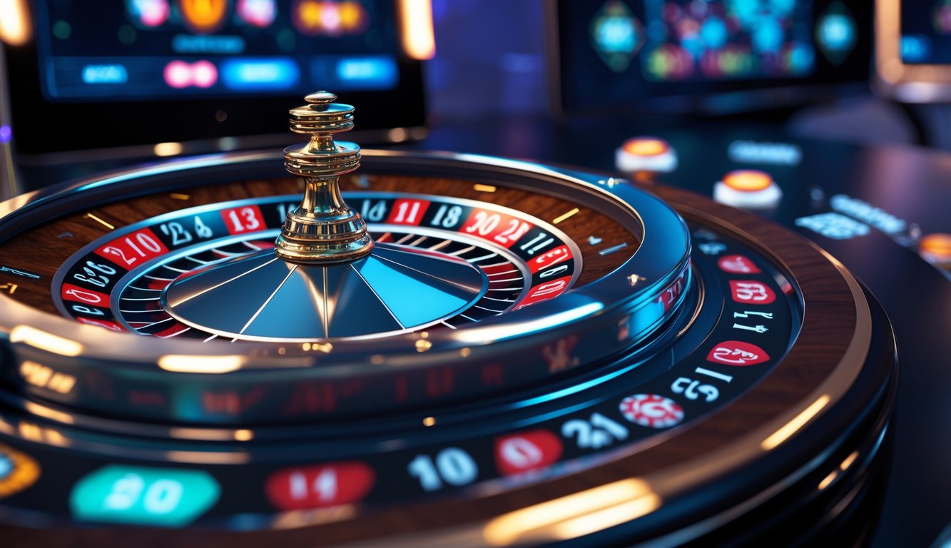 Meja roulette digital modern yang sedang berputar dengan antarmuka kasino online futuristik di latar belakang.
