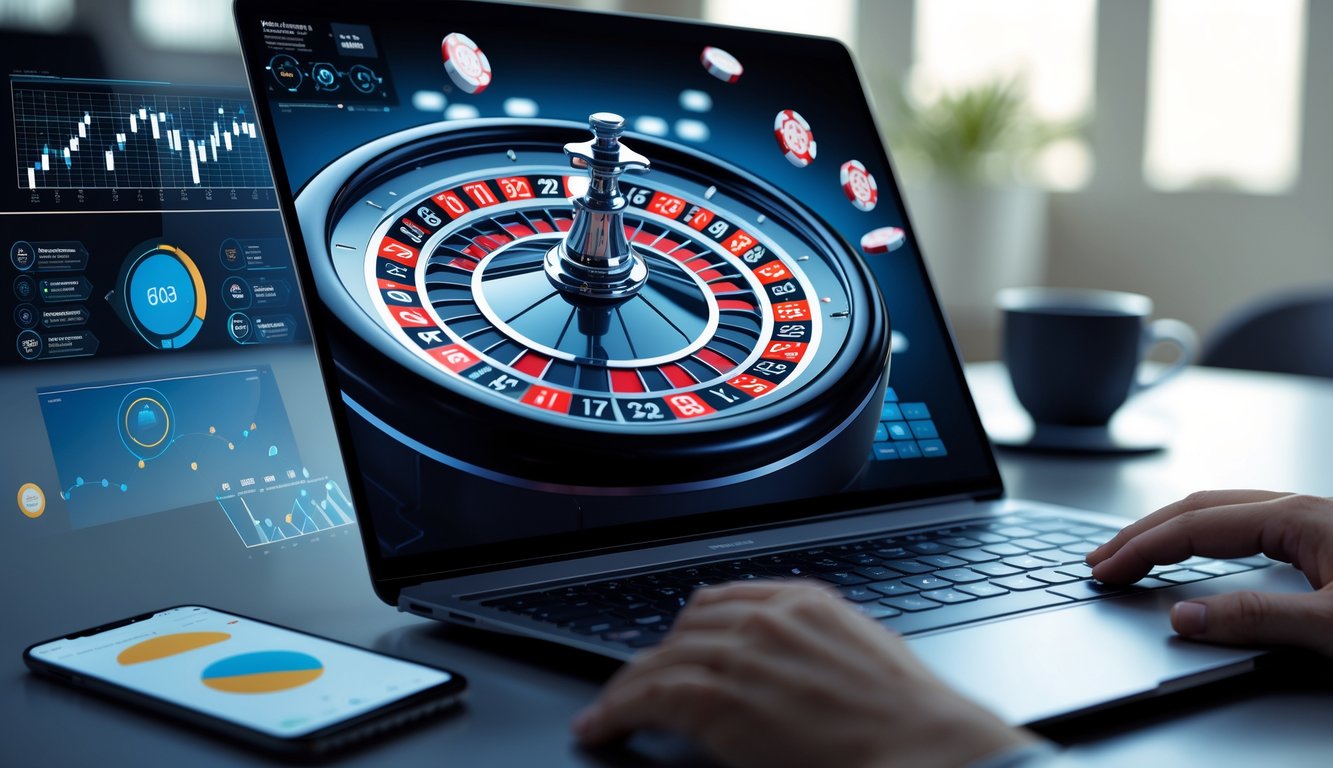 Sebuah layar komputer menampilkan roda roulette digital yang berputar dengan grafik pola dan data prediksi di sekitarnya.