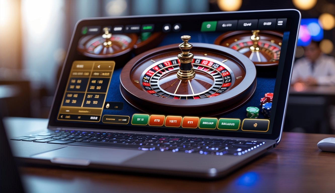 Tampilan meja roulette online dengan roda roulette digital dan dealer langsung di layar komputer.