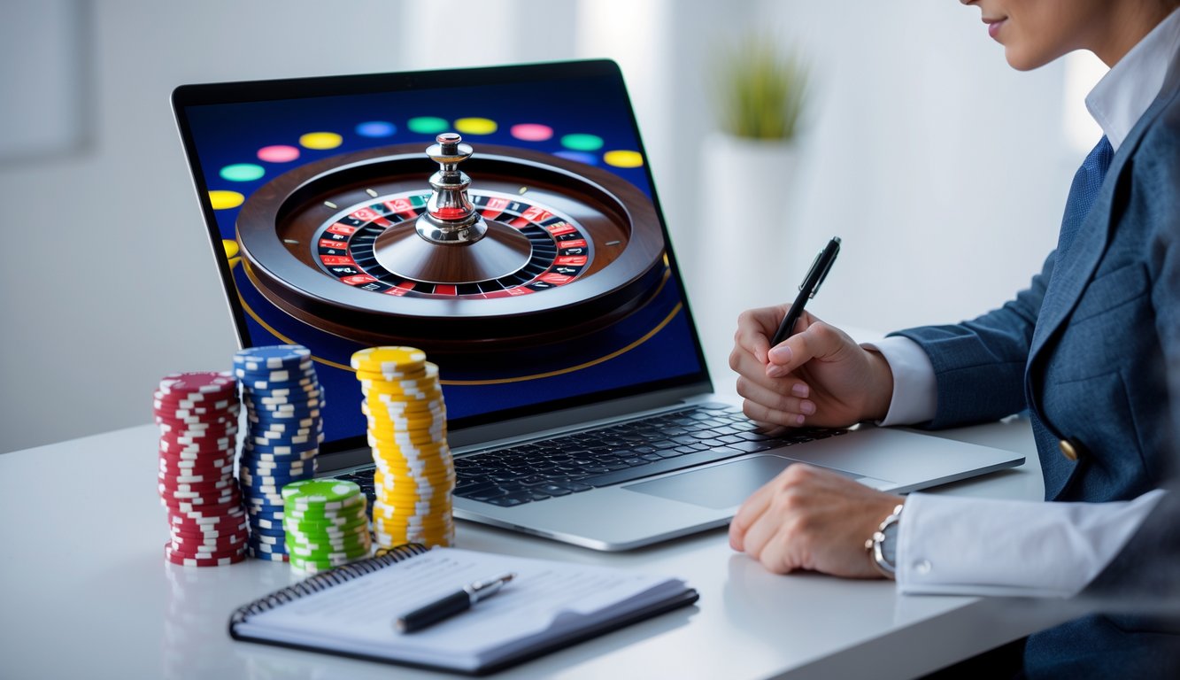 Seseorang duduk di depan laptop dengan roda roulette digital di layar, memegang pena dan buku catatan di meja.