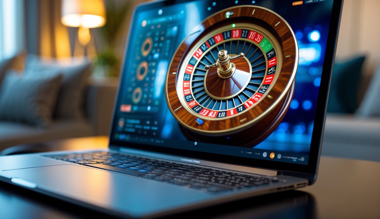 Seseorang bermain roulette online di komputer dengan tampilan roda roulette yang jelas dan cerah.