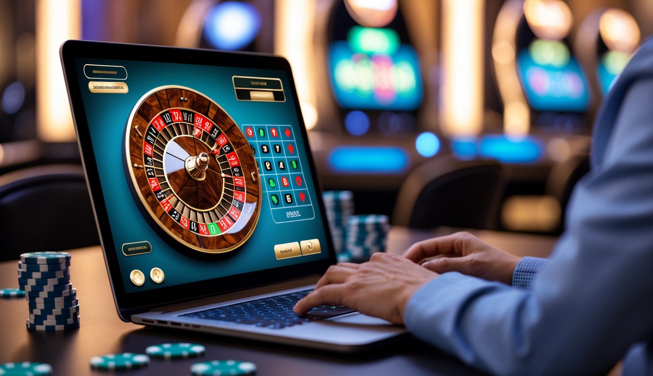 Layar komputer menampilkan permainan roulette online dengan roda roulette dan meja taruhan virtual.