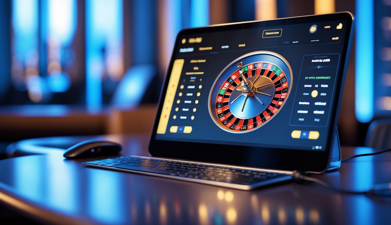 Sebuah layar komputer menampilkan permainan roulette online dengan roda roulette digital yang jelas dan latar belakang ruangan bermain yang mewah.
