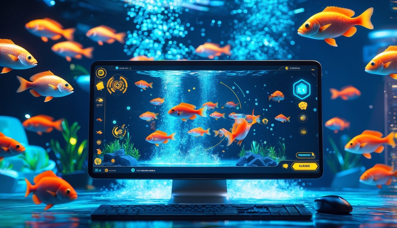 Layar perangkat menampilkan permainan menembak ikan online dengan latar bawah laut berwarna-warni dan ikan yang bergerak.