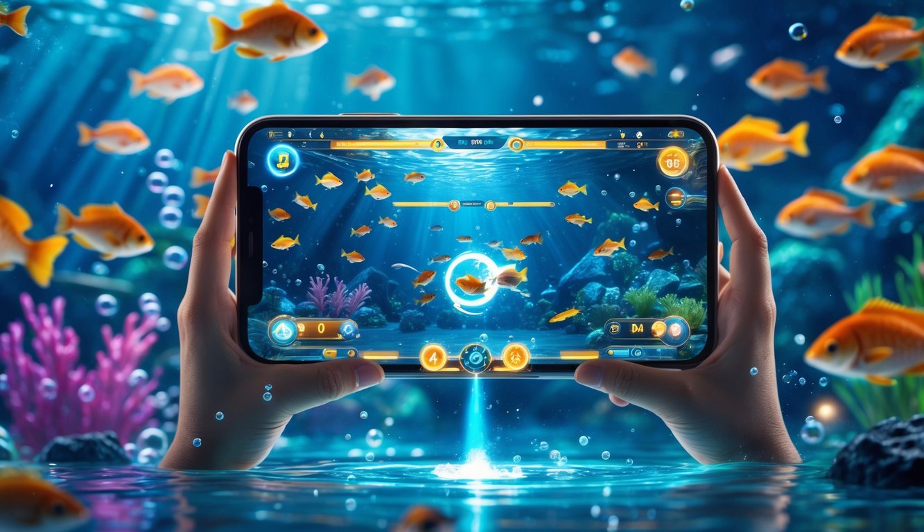 Layar perangkat menampilkan permainan tembak ikan online dengan ikan berwarna-warni di latar bawah laut.