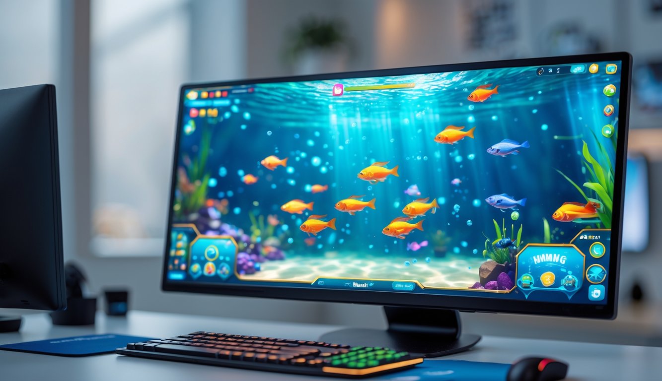 Seseorang bermain game menembak ikan online di komputer dengan grafik bawah laut yang hidup dan gameplay yang responsif.