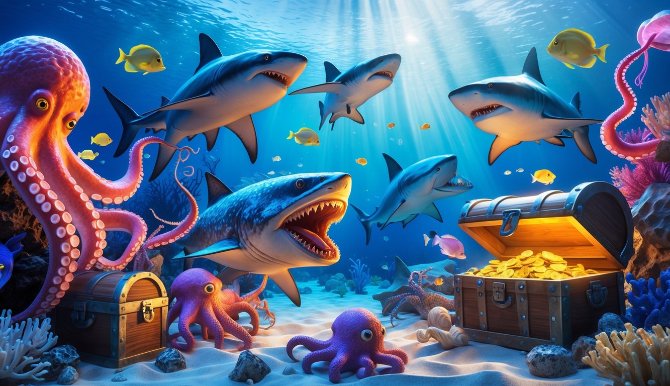 Pemandangan bawah laut dengan berbagai monster laut dan ikan berwarna-warni di sekitar terumbu karang dan peti harta karun.