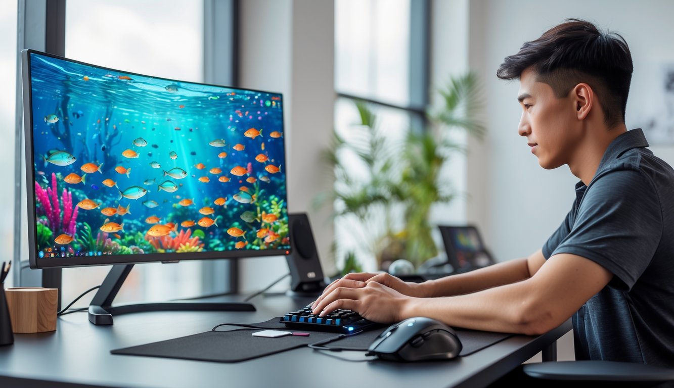 Seseorang sedang bermain game menembak ikan online di depan komputer dengan layar menampilkan ikan warna-warni di bawah laut.