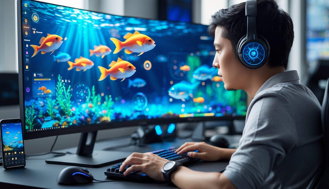 Seorang pemain dewasa fokus bermain game tembak ikan online di depan komputer dengan layar menampilkan grafis ikan dan target berwarna-warni.