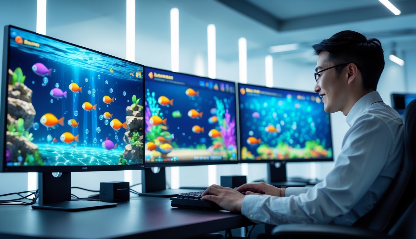 Seorang pemain menggunakan komputer dengan layar menampilkan permainan tembak ikan online bertema bawah laut.