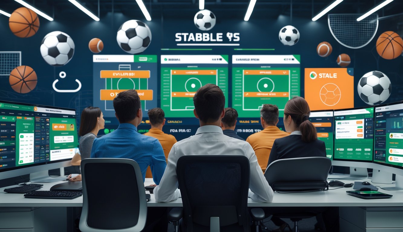 Beberapa orang sedang melihat layar komputer yang menampilkan pertandingan olahraga dan peluang taruhan yang stabil di sebuah kantor modern.