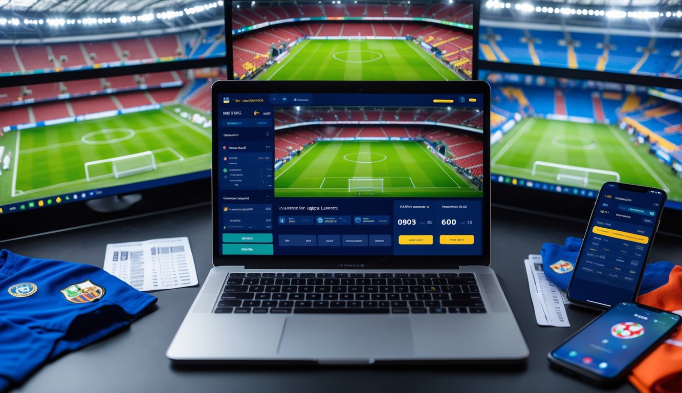Seorang pria menggunakan laptop di meja kerja dengan beberapa layar menampilkan pertandingan sepak bola dari berbagai stadion di Eropa dan Asia.