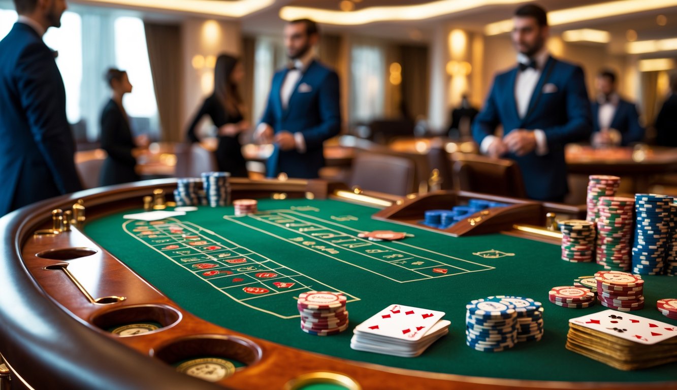 Meja baccarat mewah dengan kartu dan chip kasino di kasino yang elegan, dengan pemain dan dealer di latar belakang.