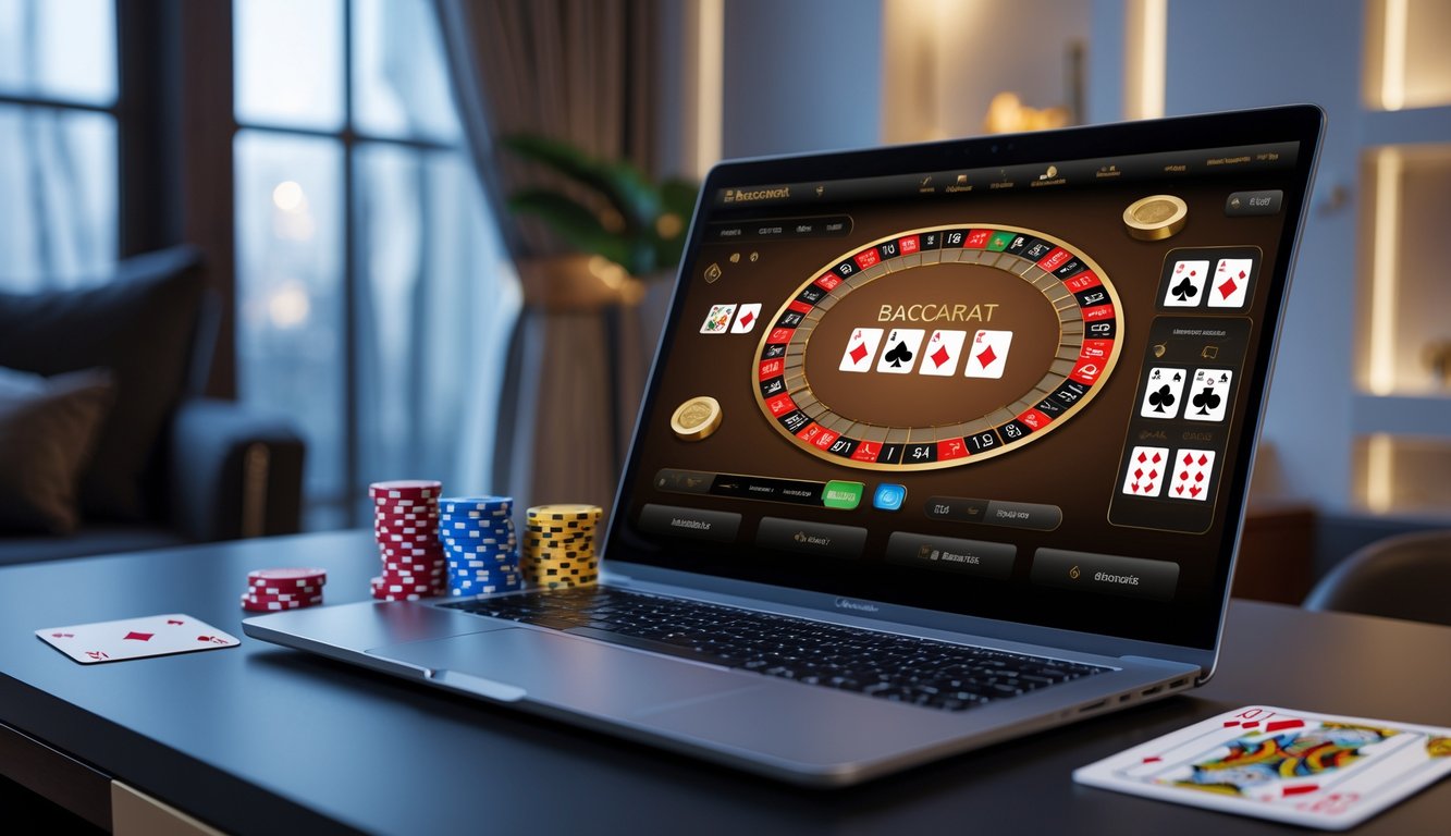Sebuah laptop menampilkan meja baccarat digital dengan kartu dan chip, di atas meja terdapat kartu remi dan chip poker di ruangan yang terang dan rapi.