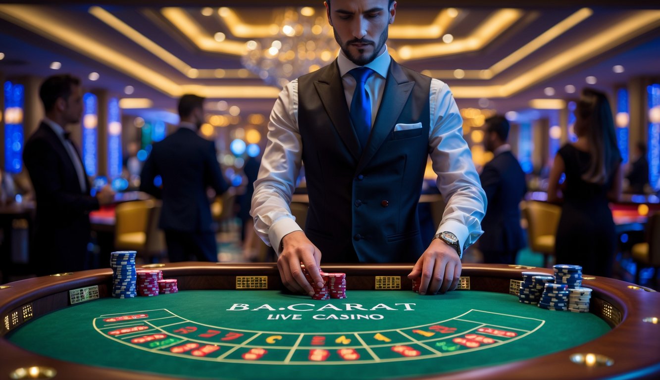 Seorang dealer berdiri di belakang meja baccarat dengan latar kasino mewah dan pemain yang sedang bermain.