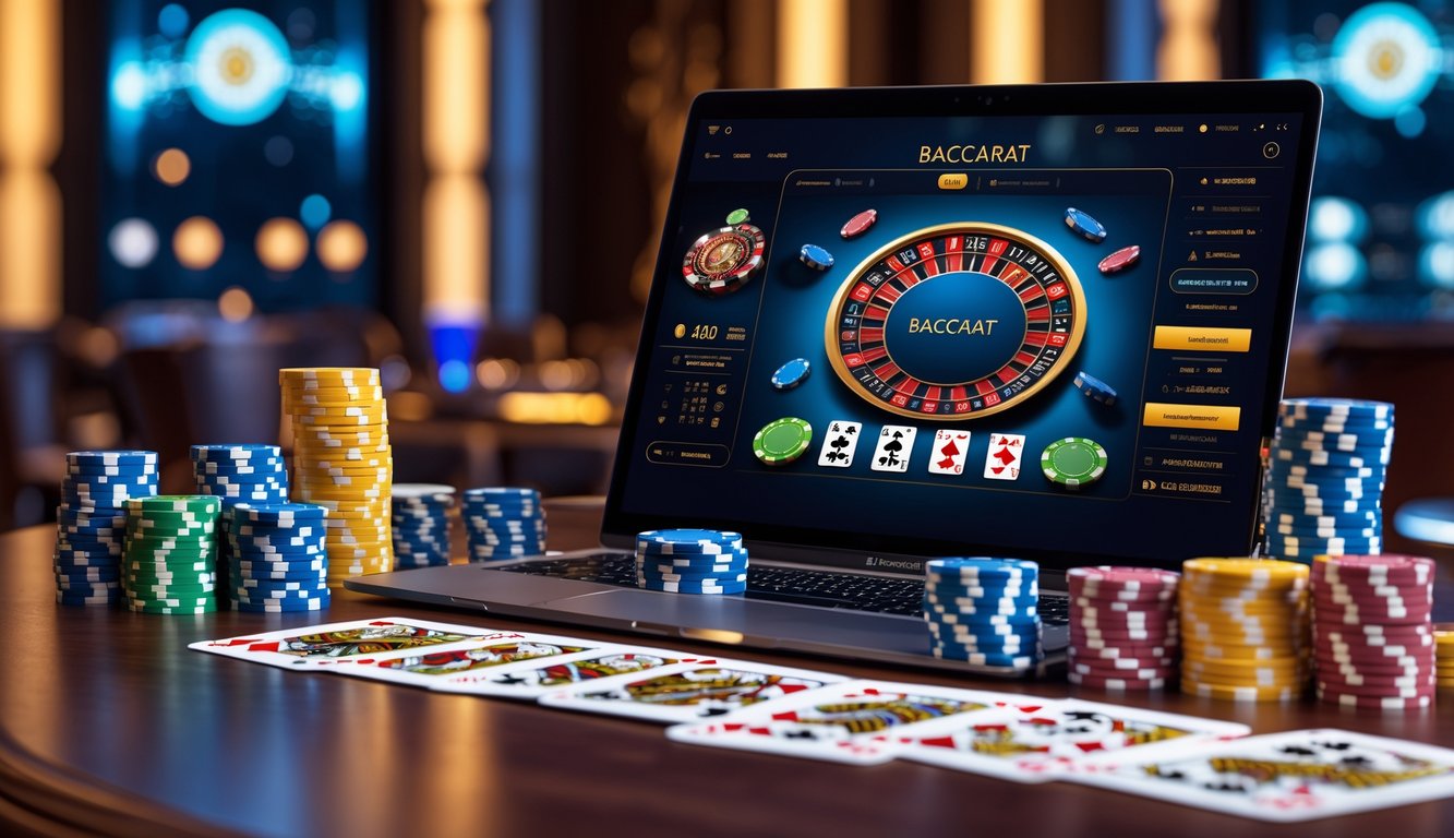Sebuah laptop di atas meja kayu dengan permainan baccarat online di layar, dikelilingi oleh tumpukan chip kasino dan kartu remi.