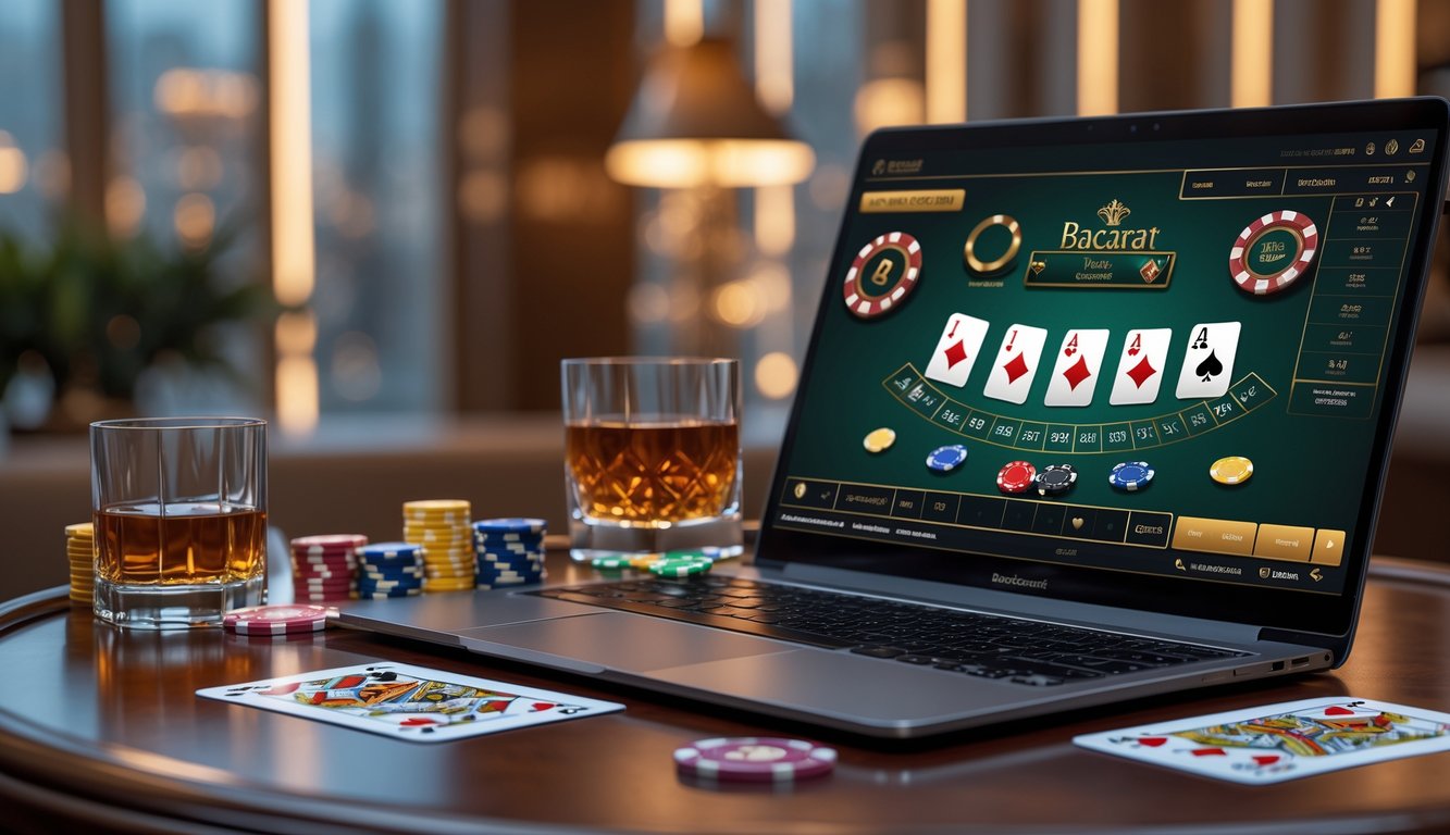 Sebuah laptop modern menampilkan permainan baccarat online dengan kartu dan chip di atas meja kayu yang rapi, dikelilingi chip baccarat dan gelas minuman.
