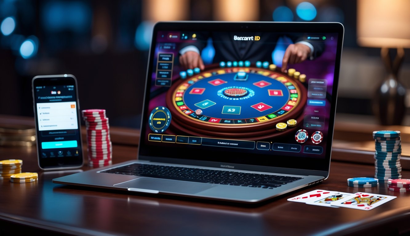 Seorang pengguna bermain baccarat online di laptop dengan kartu dan chip di meja kayu.