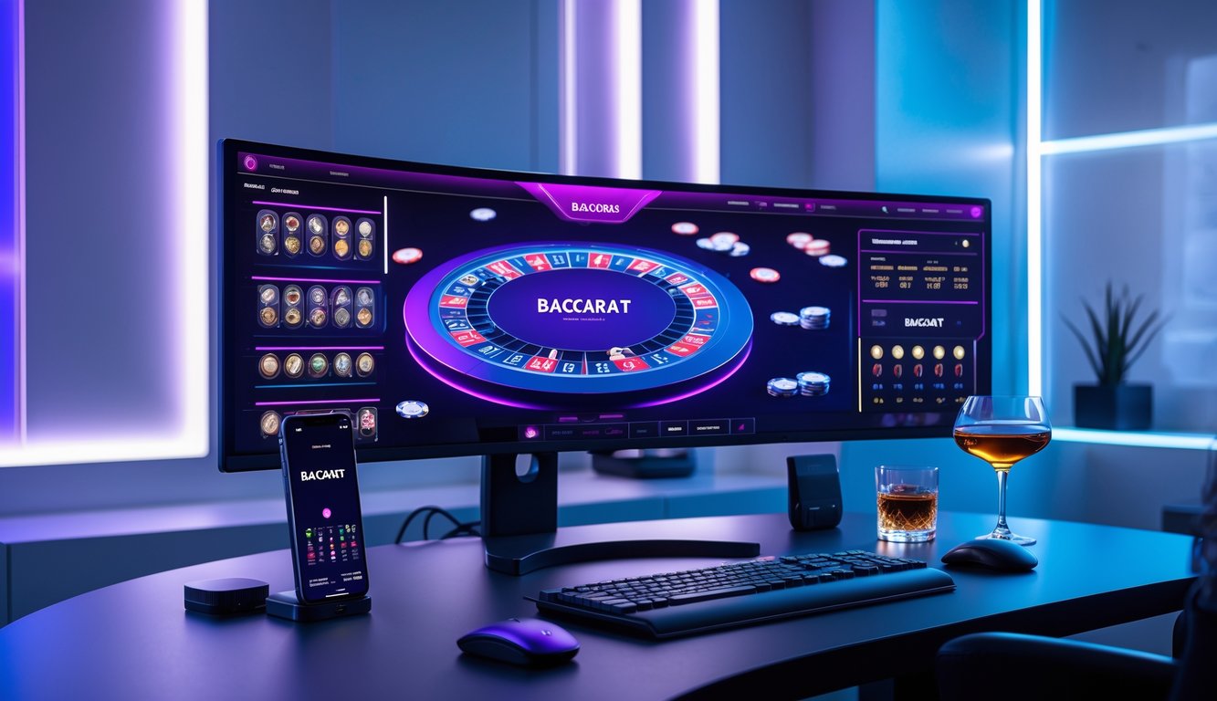 Sebuah ruang bermain baccarat online modern dengan monitor besar menampilkan kartu dan chip, di meja terdapat keyboard, mouse, ponsel, dan gelas minuman.