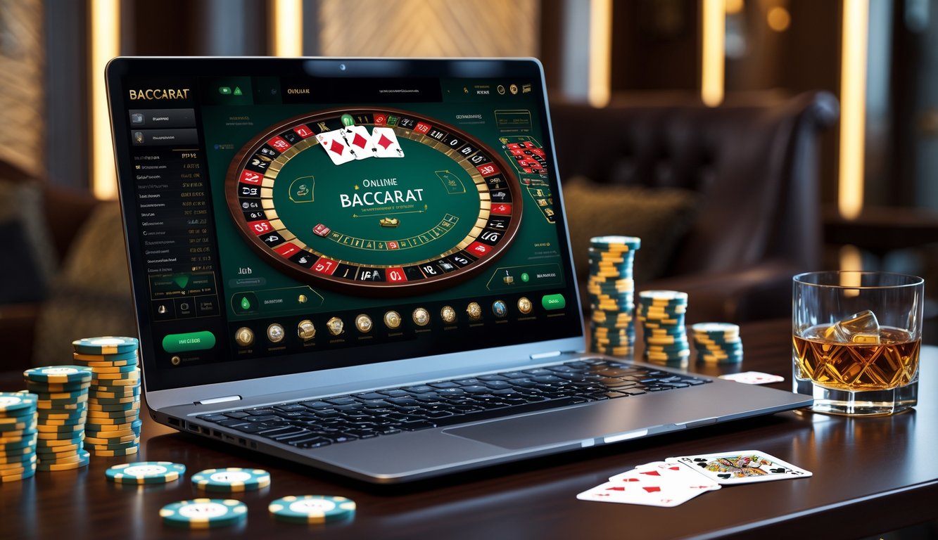 Sebuah laptop menampilkan permainan baccarat online dengan chip dan kartu di meja kayu, suasana mewah dan nyaman.