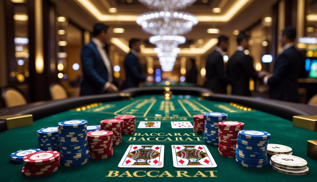 Meja baccarat mewah dengan kartu dan tumpukan chip kasino di suasana kasino yang elegan.