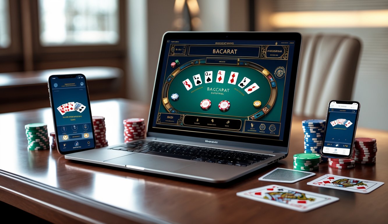 Sebuah laptop dan ponsel menampilkan permainan baccarat online dengan chip kasino dan kartu di atas meja kayu yang rapi.