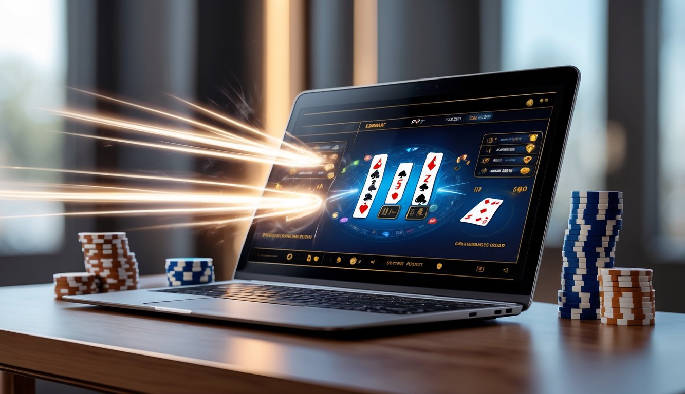 Sebuah laptop menampilkan permainan baccarat online dengan kartu dan chip poker di atas meja kayu dalam suasana yang rapi dan modern.