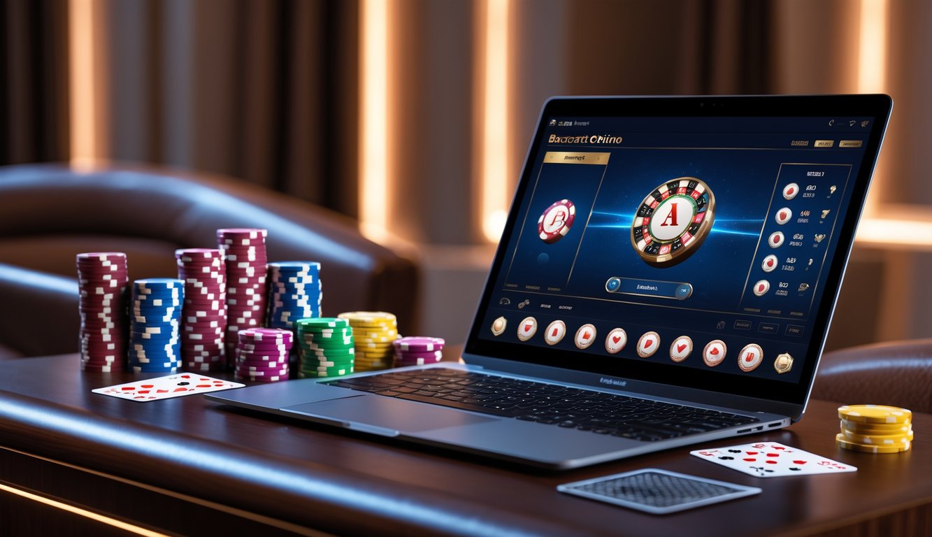 Sebuah meja dengan komputer menampilkan permainan baccarat online dan chip taruhan di sekitarnya.