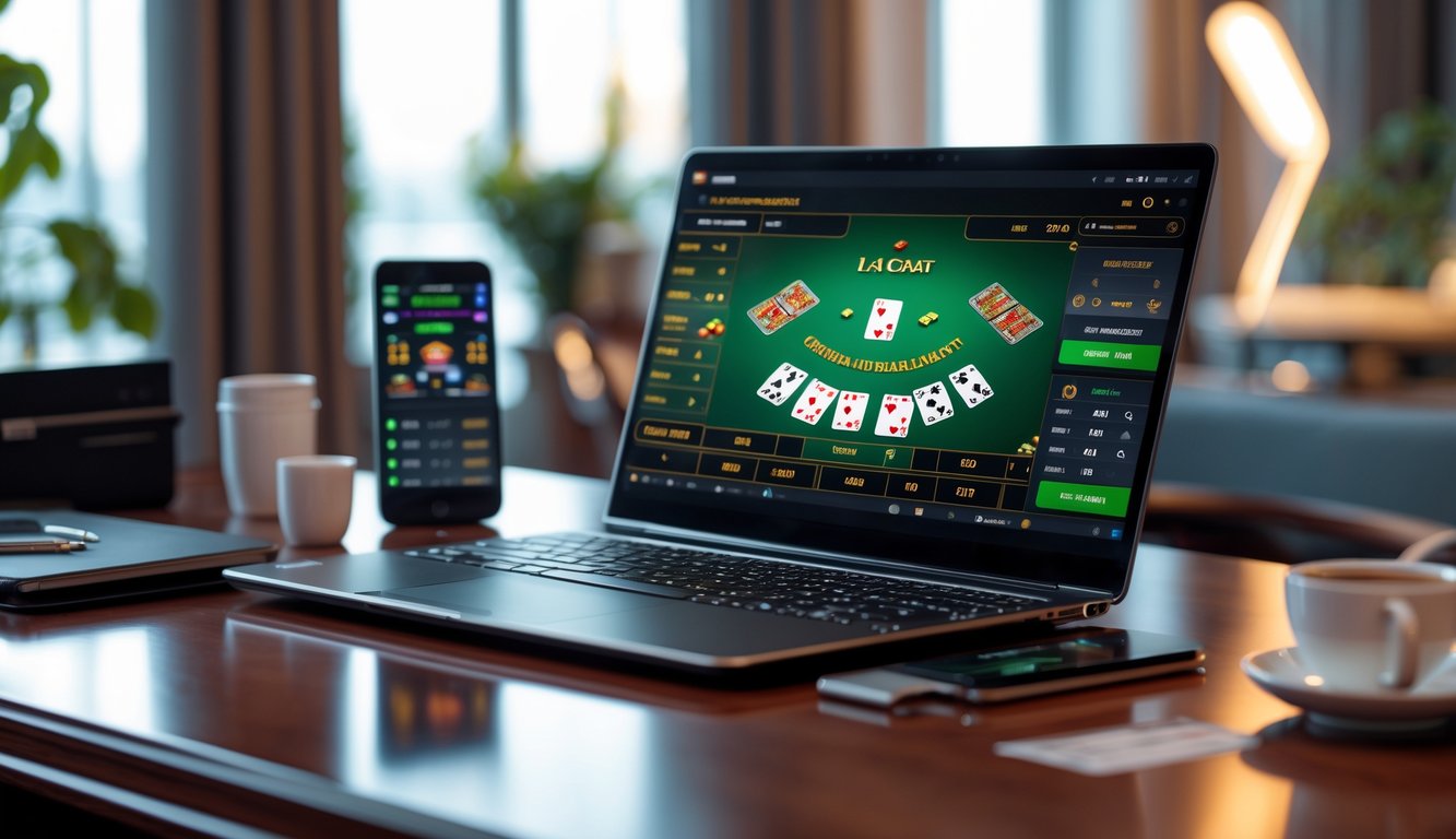 Sebuah meja dengan komputer yang menampilkan permainan baccarat online, dikelilingi oleh ponsel dan secangkir kopi di ruangan yang rapi.