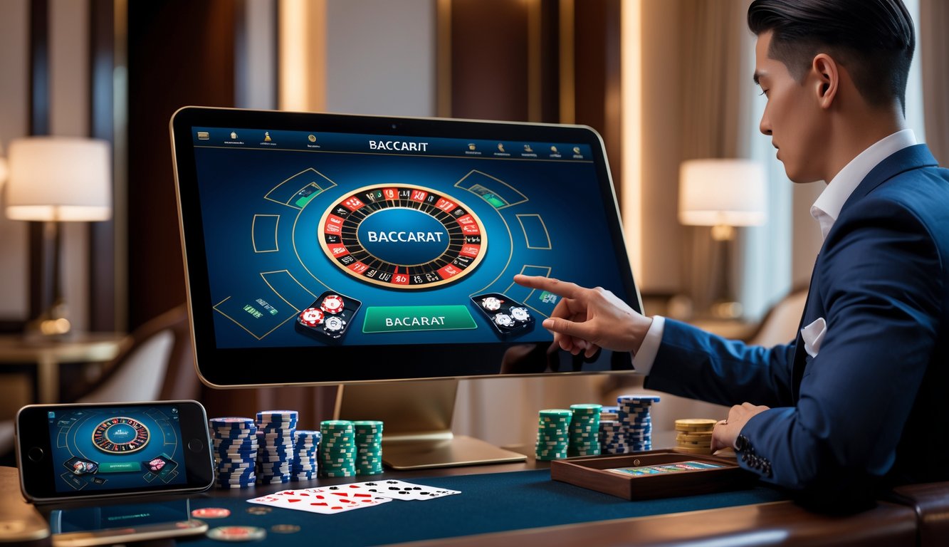 Seseorang sedang bermain baccarat online di komputer dengan tampilan meja baccarat digital dan chip kasino di sekitarnya.