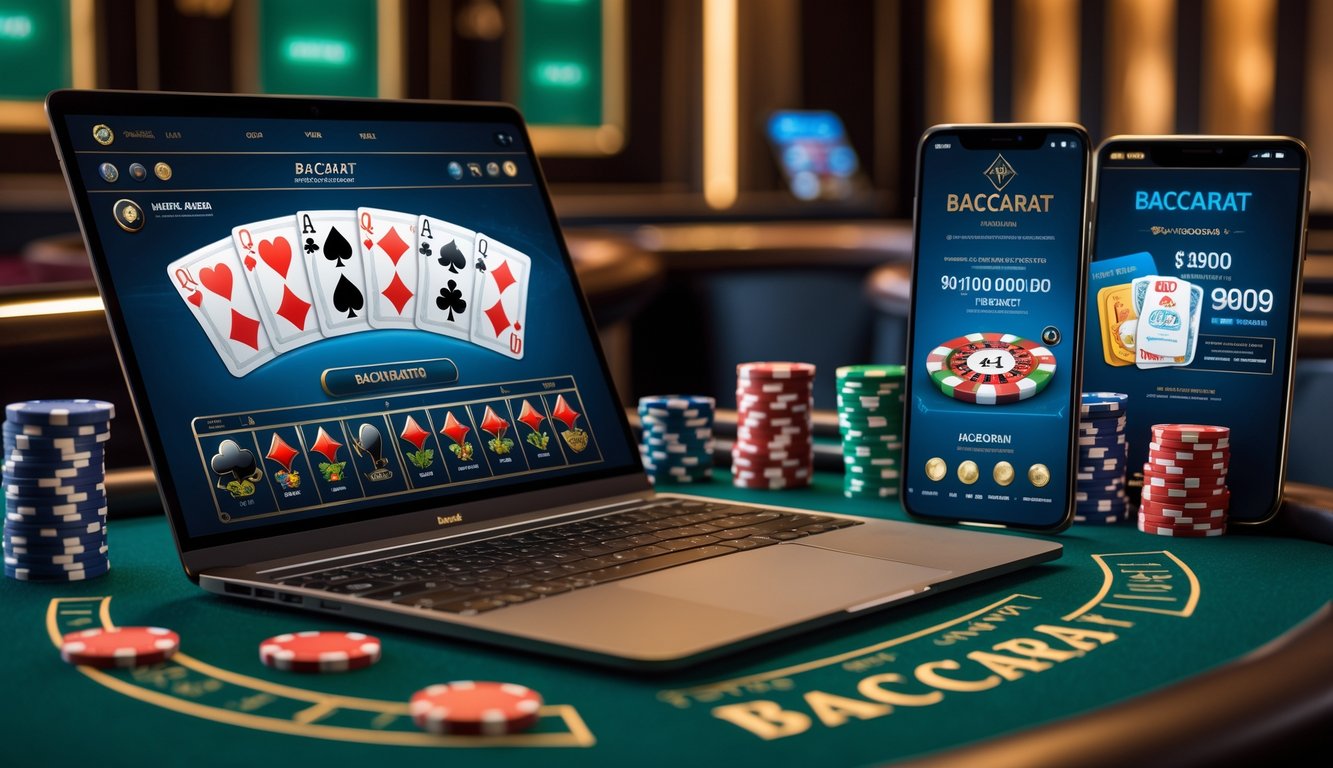 Seorang pemain menggunakan laptop dan ponsel untuk bermain baccarat online dengan suasana kasino yang mewah di latar belakang.