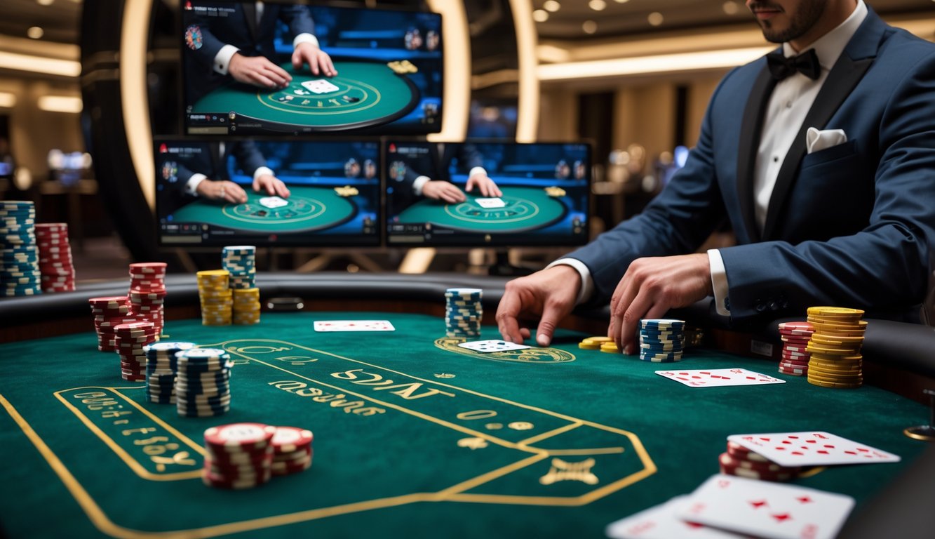 Meja baccarat dengan dealer profesional dan layar yang menampilkan siaran langsung permainan baccarat.