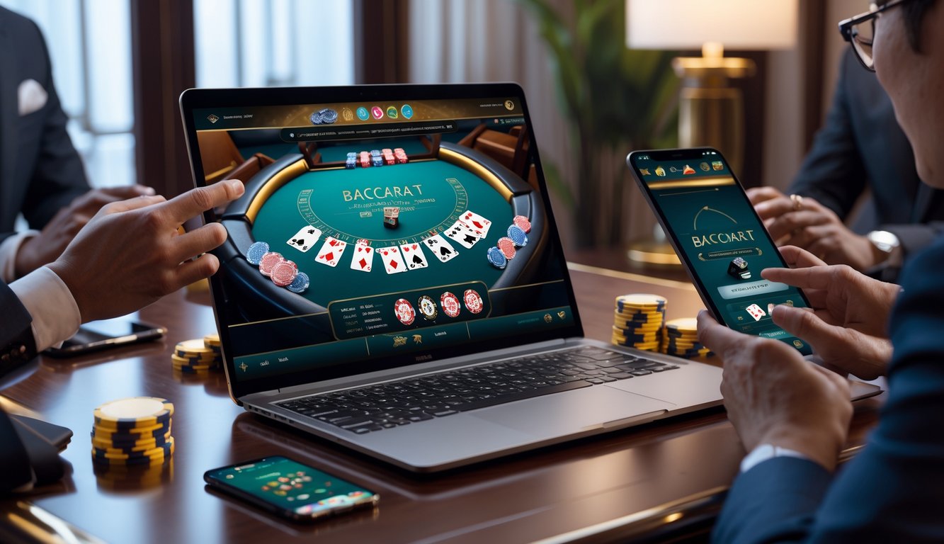 Orang-orang bermain baccarat online dengan perangkat elektronik di ruangan yang nyaman dan modern.