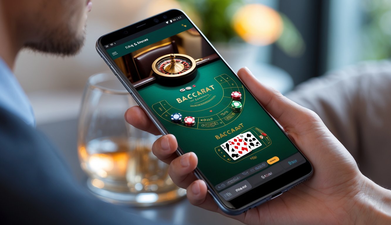 Seseorang memegang ponsel yang menampilkan permainan baccarat online dengan meja kartu dan chip taruhan.