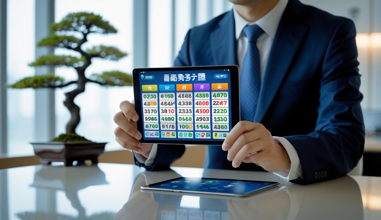 Seorang pria Asia di kantor modern sedang menggunakan tablet yang menampilkan angka lotere dengan latar belakang dekorasi Jepang minimalis.