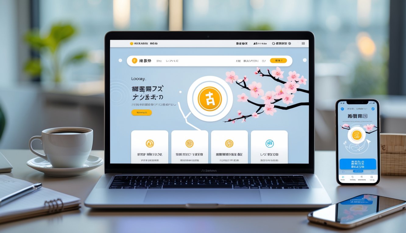 Seorang profesional menggunakan laptop di meja kerja dengan latar belakang elemen budaya Jepang dan suasana yang rapi.