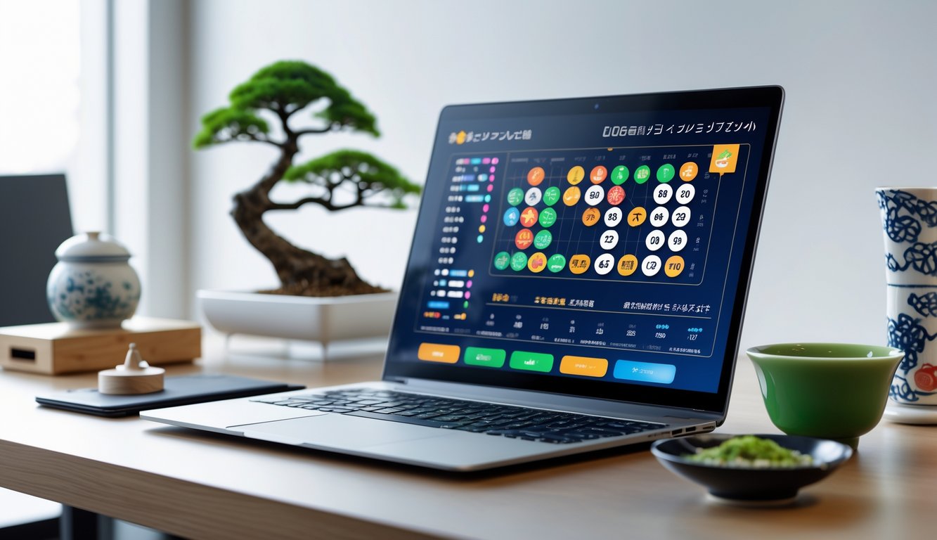Sebuah meja kerja modern dengan laptop yang menampilkan antarmuka digital dan elemen budaya Jepang seperti bonsai dan teh hijau.