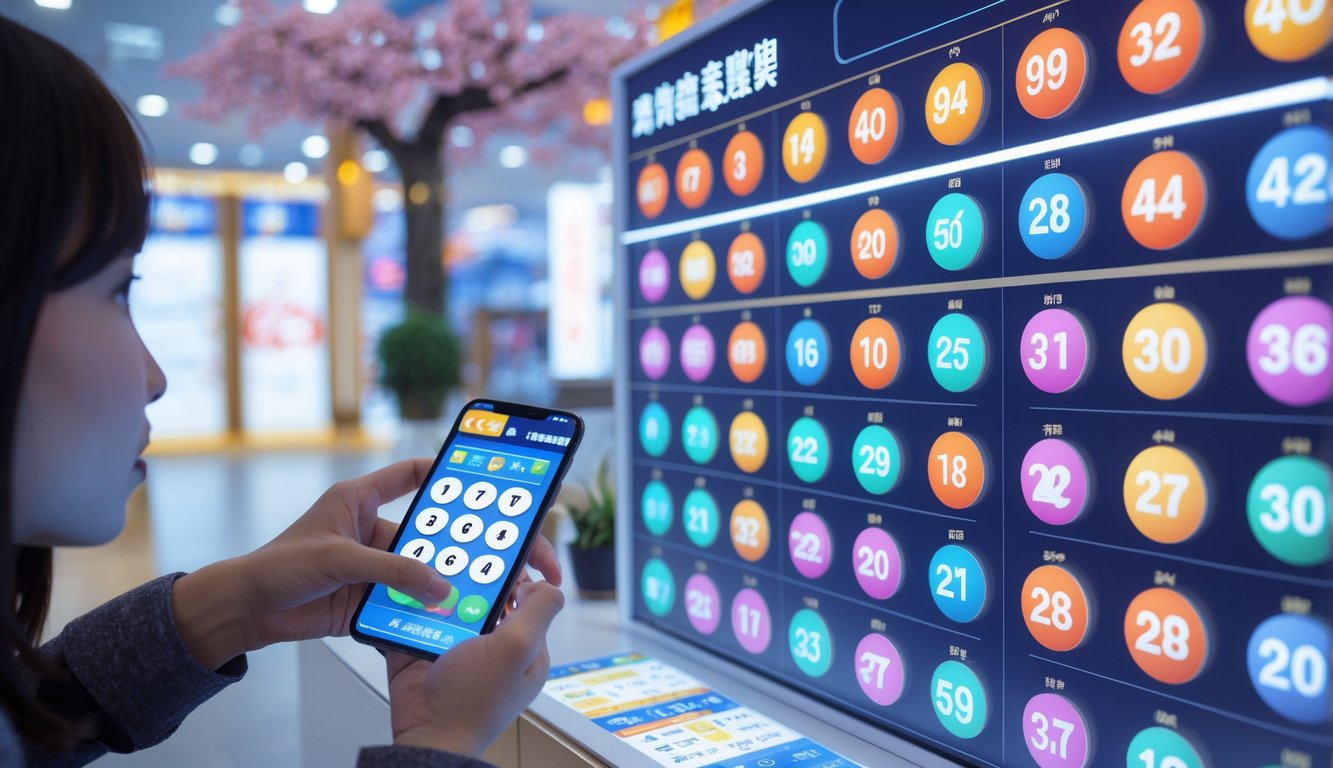 Seseorang memegang tiket lotre dengan latar belakang angka-angka mengambang dan motif Jepang.