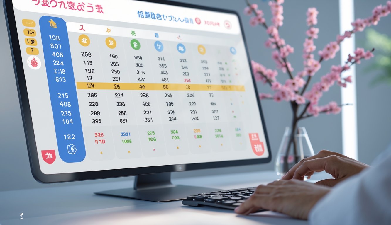 Seseorang menggunakan komputer dengan antarmuka lotre Jepang yang modern dan rapi.
