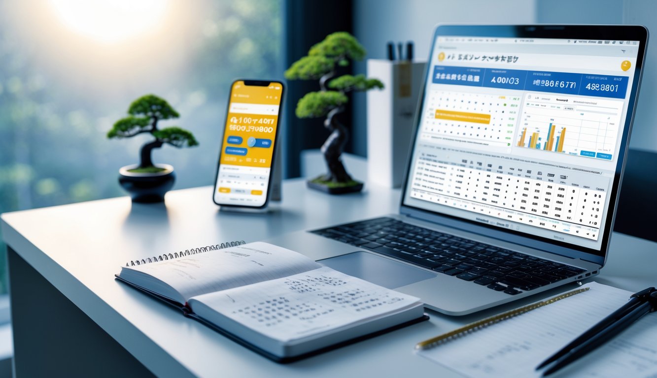 Meja kerja modern dengan laptop, ponsel, dan alat tulis yang menunjukkan aktivitas prediksi togel Jepang.