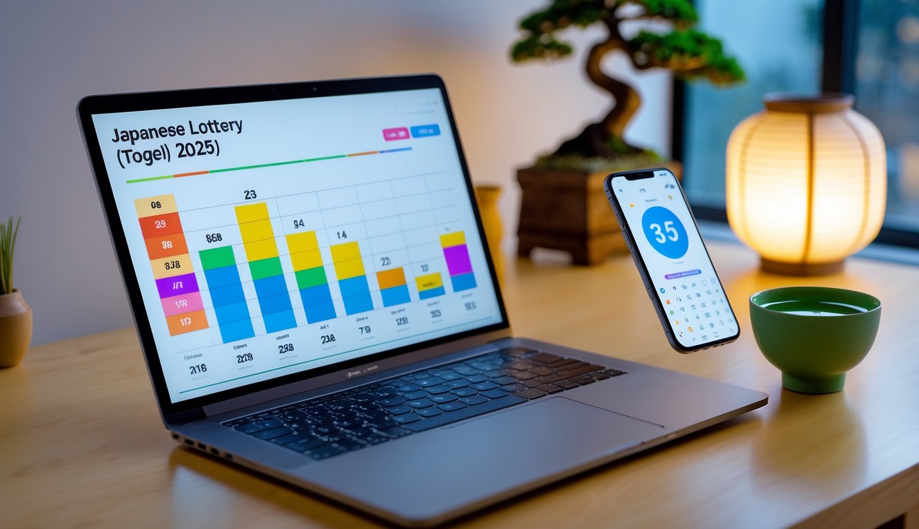 Meja kerja modern dengan laptop menampilkan grafik angka togel Jepang, ponsel dengan tiket digital, dan secangkir teh hijau, dengan tanaman bonsai dan lentera kertas di latar belakang.