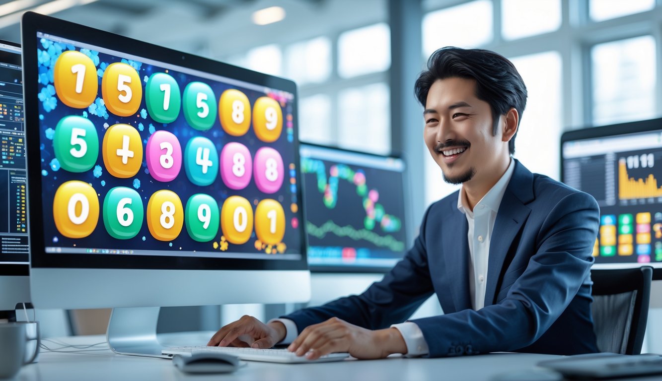 Seorang profesional sedang menggunakan komputer di kantor modern dengan tampilan angka lotere berwarna-warni dan elemen desain Jepang di latar belakang.