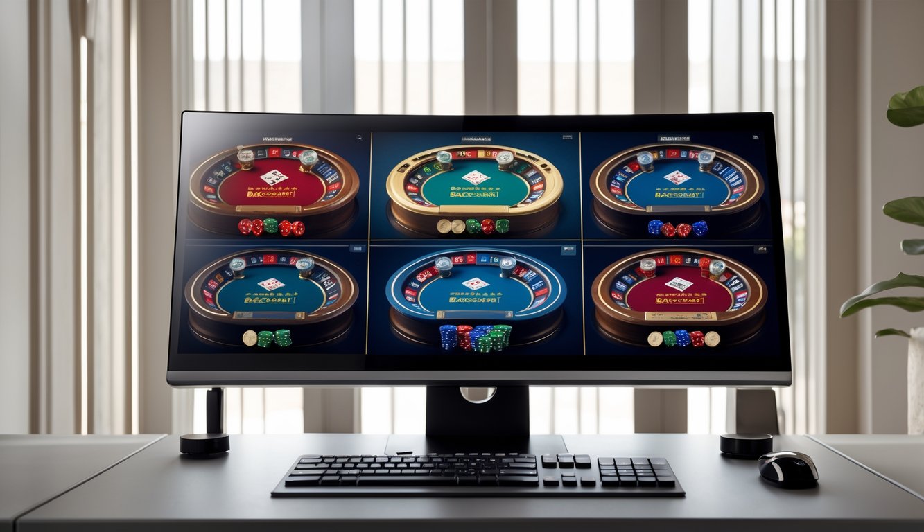 Sebuah meja kerja modern dengan komputer menampilkan beberapa meja baccarat digital secara bersamaan.