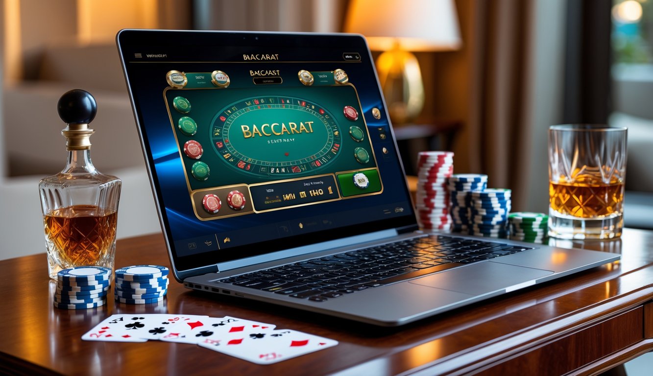 Sebuah laptop dengan permainan baccarat online di meja kayu dengan chip poker dan kartu remi di sekitarnya.
